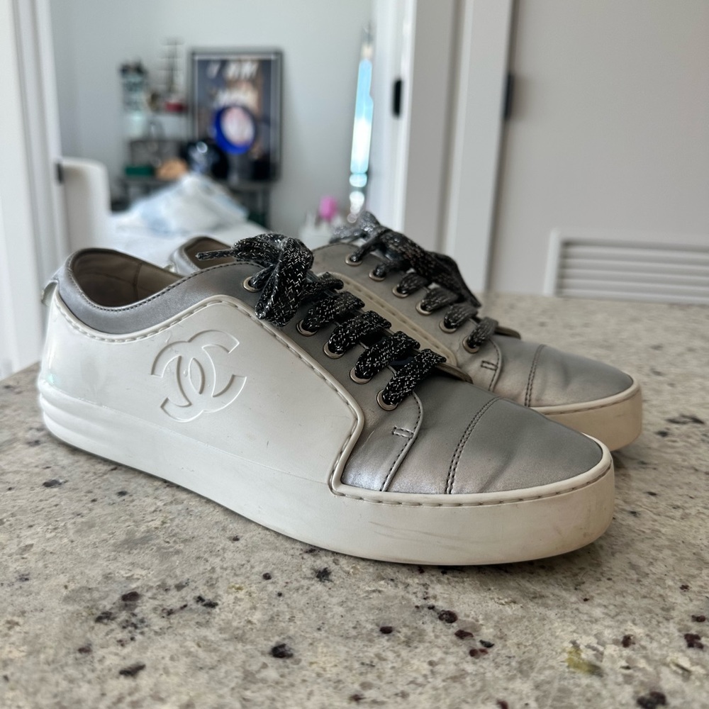 Chanel Calfskin Womens CC Sneakers White and Silver